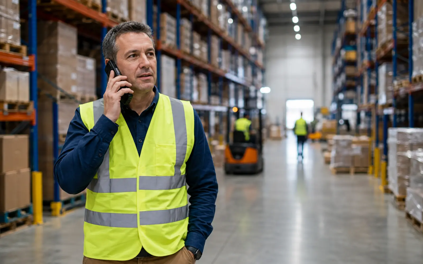 Warehouse supervisor using a cordless business handset in an operational environment
