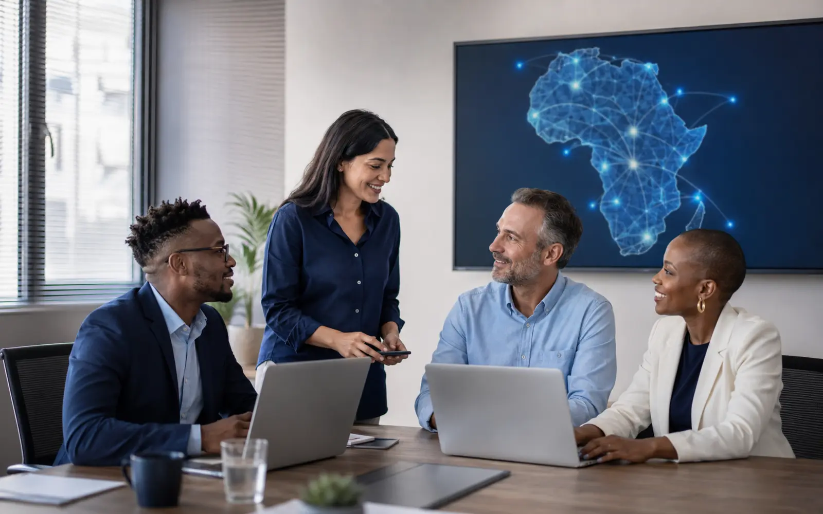 A multi-location business team collaborating in a connected office
